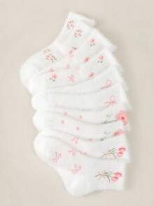 1/5 Paar Mädchen Herbst/Winter Neue Weiße Nerz Samt Socken, verziert mit süßer Tulpen Blumen & Schleife Deko, modischer College Stil, weich & bequem Knöchel/Crew Socken, geeignet für Herbst/Winter Outfits, Studentenalltag, Lässig, Reisen, Feiertage & Geschenke