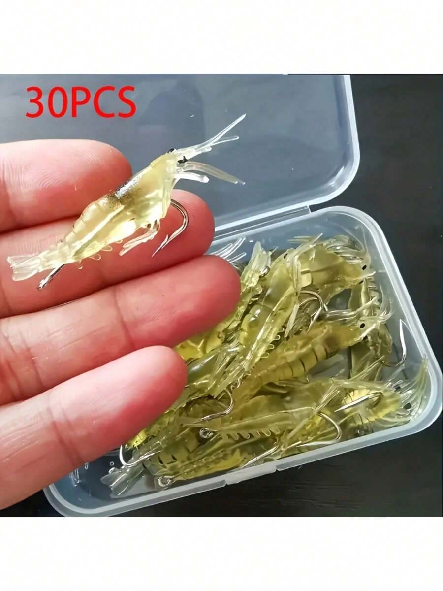 30pcs Realistic Green Silicone Shrimp Fishing Lures With Hooks - Soft Bait For Sea Bass And Bent Mouth Fish, Includes Storage Box, Fishing Bait - Yellow - View 1