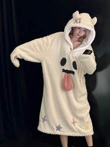 女士超柔软荷叶边及踝加厚抓绒睡袍，时尚荷叶边装饰，带侧袋，柔软保暖长款浴袍，毛绒SPA睡袍，家居服，睡衣，带口袋