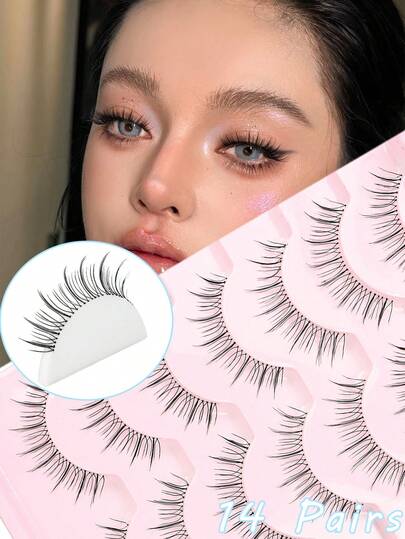 14 paia di ciglie finte stile manga, con stelo trasparente, a forma di U, morbide e a tema cartoni animati