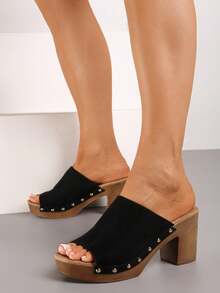 Ciabatte da donna in morbida pelle con tacco a blocco, scarpe casual estive - nero - Visualizzare 4