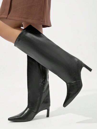 RevReaL Cizme negre până la genunchi, cu vârful ascuțit, în stil western, cu fermoar lateral și piele întoarsă