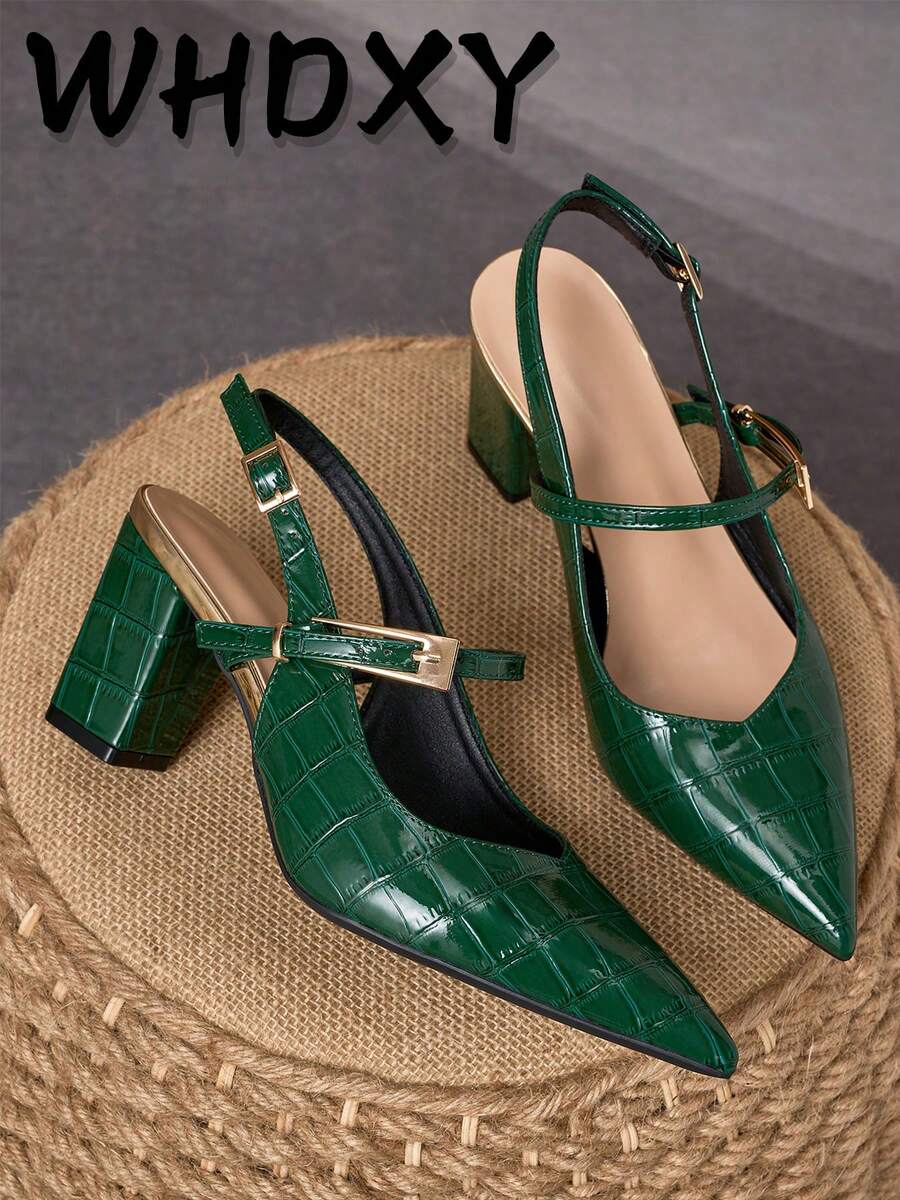 WHDXY Sepatu hak tinggi wanita elegan berwarna hijau dengan motif timbul, tebal, dan ujung runcing. Desain bertali yang nyaman, cocok untuk pesta/acara malam. - Hijau - View 1
