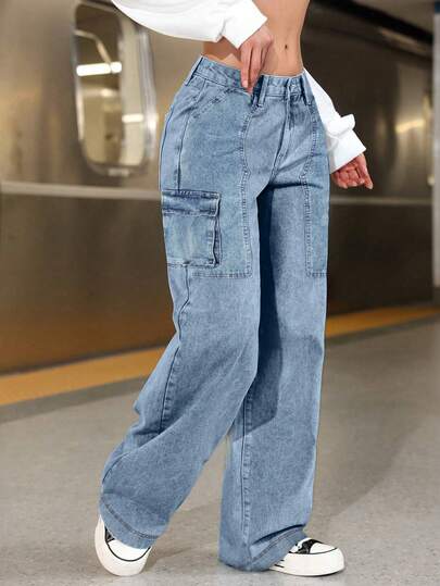 Vaqueros de pierna ancha y cintura alta con estilo para mujer, elásticos, con bolsillos cargo y detalle de botones.