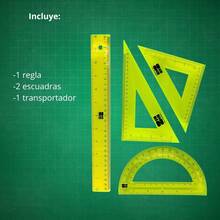 Juego de geometría escolar con 4 piezas Multicolor, incluye, regla, escuadras y transportador. Ideal para tareas, dibujo técnico, mediciones exactas y uso escolar. - Amarillo - Ver 4