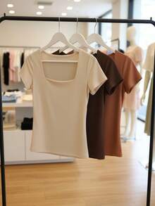 Set Of 3 Women's Baby Look Blouses With Square Neckline, Short Sleeves, Basic Shaping, Versatile, Casual Fashion, No Transparency, Fabric With Elastane, , Blogger Style, Affordable - BEIGE-cOFFEE-cOCOA - View 1