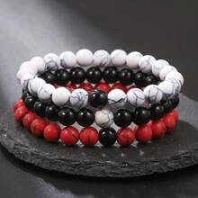 Conjunto de pulseras elásticas retro de 1 set/3 piezas con contraste de color agata negra, dorada, roja y howlita blanca, para uso diario y como regalo para hombres
