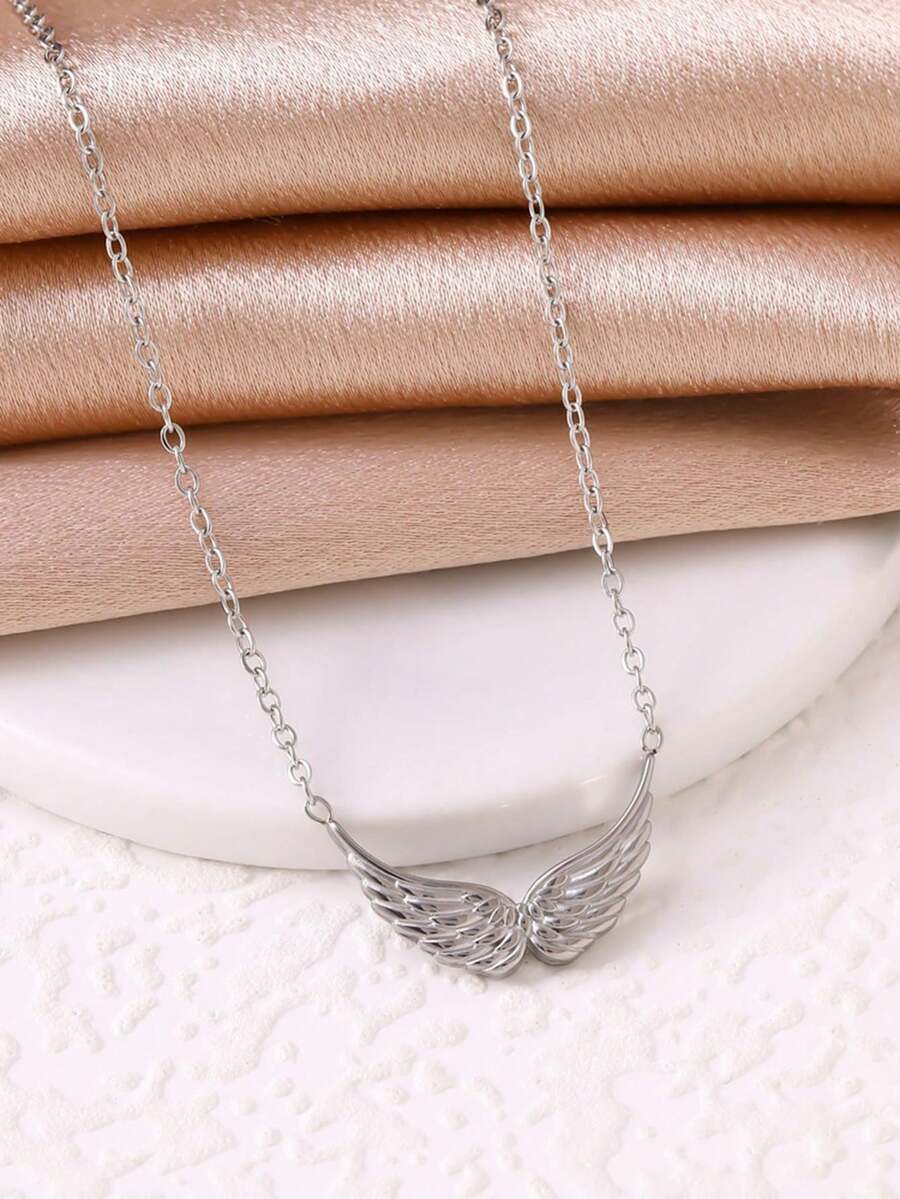 1件不锈钢个性化天使翅膀吊坠项链，18k镀金女士项链 - 銀色 - 查看 1
