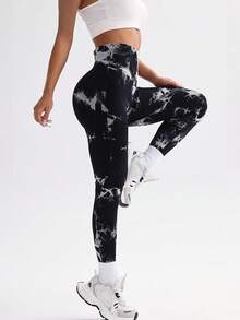 Yoga Leggings Seamless Abdominal Control Training Running Fitness Tights Leggings Black Tie-Dye - 黑色 - 查看 5