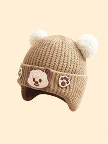 1pc 0-6 Months Baby Cartoon Bear Pom Pom Decorated Earflap Knit Hat, Warm & Versatile Cute Newborn Winter Cap, Suitable For Holiday Gifts And Daily Outdoor Use - Multicolor - View 6