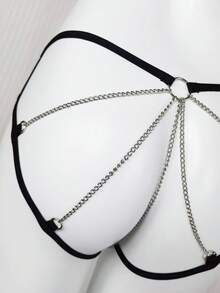 Transparent Contrast Color Mesh Chain Detail Garter Belt Lingerie, Made Of Medium Stretch Fabric, Suitable For Sexy Women's Underwear - Black - View 3