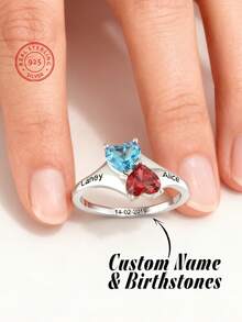 1pc Personalized 925 Sterling Silver Birthstone Ring, Personalized Family Names Ring Gift For Women, Christmas Gifts For Mom, Gifts For Grandma - White - View 2