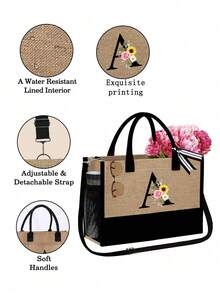 Personalized Floral Letter Linen Canvas Tote Bag Set, A-Z Letter Large Capacity Tote Bag With Matching Small Pouch, Suitable For Carrying Daily Essentials, Groceries, Travel Items, For Women, Fashion Lovers, Personalization Enthusiasts, Great For Daily Use, Shopping, Beach Travel, Adding Fashionable Personalized Accent To Outfits, Christmas/New Year Gift - Multicolor - View 8