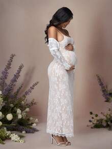 JustVH 2pcs Maternity Elegant Lace Long Sleeve Top And Lace Slip Dress Set, Suitable For Baby Shower, Party, Photo Shoot - White - View 1