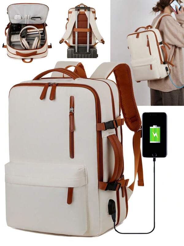 Contrast Color Nylon Large Capacity Expandable Backpack, Unisex Multi-Functional Multi-Compartment Zipper Closure Laptop Bag, Durable Frame With Polyester Lining, Portable Charging Interface, Casual Travel Business Backpack, Minimalist Style, Outdoor Carry-On Camping Hiking Bag, School Backpack