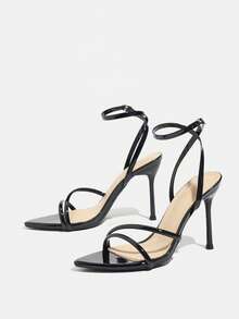 Women's High Heel Shoes, Suitable For Spring/Summer Night Parties, Gatherings, Outdoor Events, Runway Shows, Banquets. Fashionable Pointed Toe Electroplated Black Stilettos With Criss-Cross Ankle Strap, Soft And Skin-Friendly Mirror Surface Material, Elegant And Comfortable, Mysterious High-End Black Pumps To Match Autumn Women's Outfits - Black - View 5