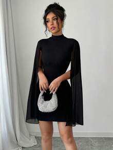 Elegant Women's Short Party Dress With Tulle Sleeves And Flare Detail - Fashionable - màu đen - Xem 7