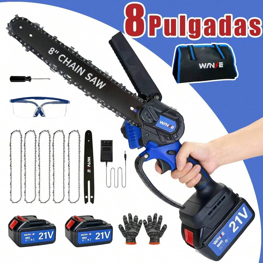 Wanse 785W Motosierra Inalámbrica Portátil Eléctrica Mano Portátil 20v 8 Pulgadas Con 4 Cadenas Y 2 Batería Y 1 Cargador Y Guantes Herramientas  Ideal Para Jardinería Y Podar Árboles Pequeños