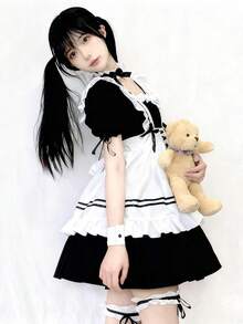طقم فستان خادمة لوليتا اليابانية الجميلة، فستان وقبعة مناسب للارتداء اليومي، زي تنكري لأداء الأنمي، مناسب للعروض المسرحية وحفلات التنكر والحانات والنوادي وحفلات الأزياء التنكرية، باللون الأسود للربيع - الأسود - مشاهدة 6