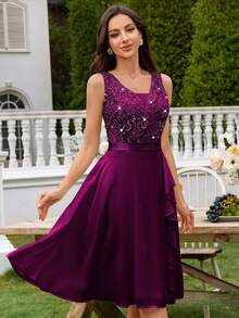 MIUSOL Deep V-Neck Sequin Lace Ruffle Hem Chiffon Ballgown Wedding Party - Maroon - View 10