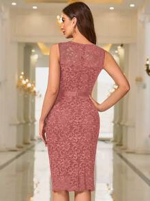 MIUSOL Solid Floral Lace Bodice Cocktail Party Fitted Dress Wedding Spring - Dusty Pink - View 3