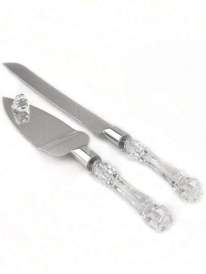 2Pcs/Set Wedding Cake Cutting Set, Including Stainless Steel Blade Cake Knife And Server, Silver Color With Acrylic Faux Crystal Handle, Perfect For Wedding, Bridal Shower, Anniversary, Housewarming And Birthday Gifts