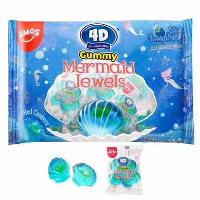 AMOS 4D Mermaid Gummy Candy, Blue Raspberry Flavor, 9oz Individually Share Pack Wrapped Mini Packs, Soft Jelly-Filled Seashell Treats