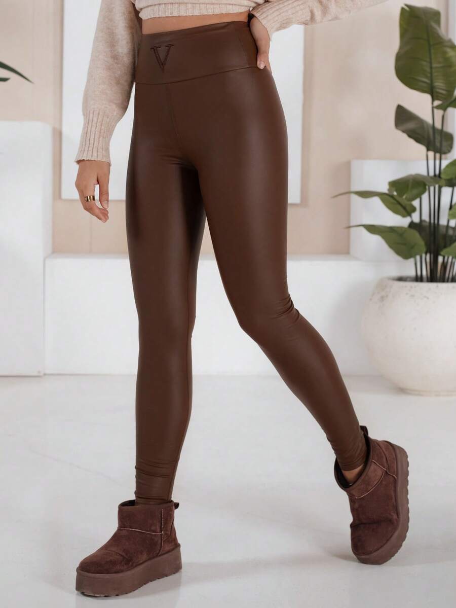 Women's High-Waisted Faux Leather Leggings, Slim Fit, Body Shaping, Elastic Pants With Waxing Effect, Fashionable Women's Leggings For Everyday And Evening Looks, Comfortable Material And Lining