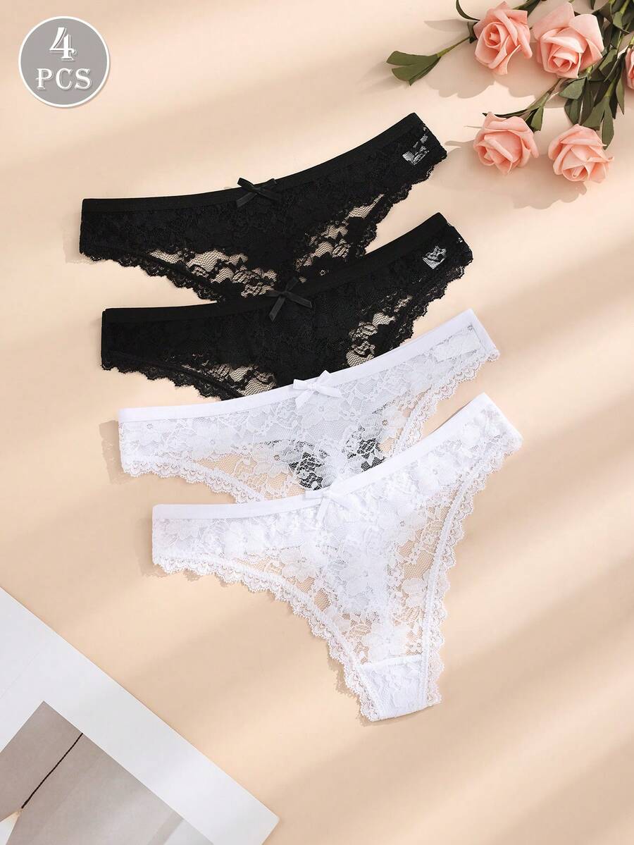 4pcs/Pack Women's Black & White Sexy Lace Patchwork Butterfly Thong Panties, Seamless & Stretchy
