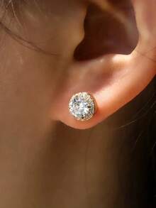 1 Cặp bông tai đinh tán tròn cổ điển bằng bạc Sterling S925 thời trang khảm đá Zirconia tổng hợp, trang sức thanh lịch và tối giản dành cho nữ - Vàng - Xem 2