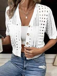 Damen Große Größen bequemer, eleganter V-Ausschnitt Kurzarm einfarbiger Strick-Cardigan mit Hohldesign, Weiß, Frühling - Weiss - Übersicht 2