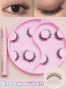 5对假睫毛及胶水套装，包含双头睫毛胶、黑色胶水、白色胶水、化妆工具、自然DIY可爱卡通假睫毛、美人鱼羽毛扇形假睫毛 - 黑色 - 查看 1