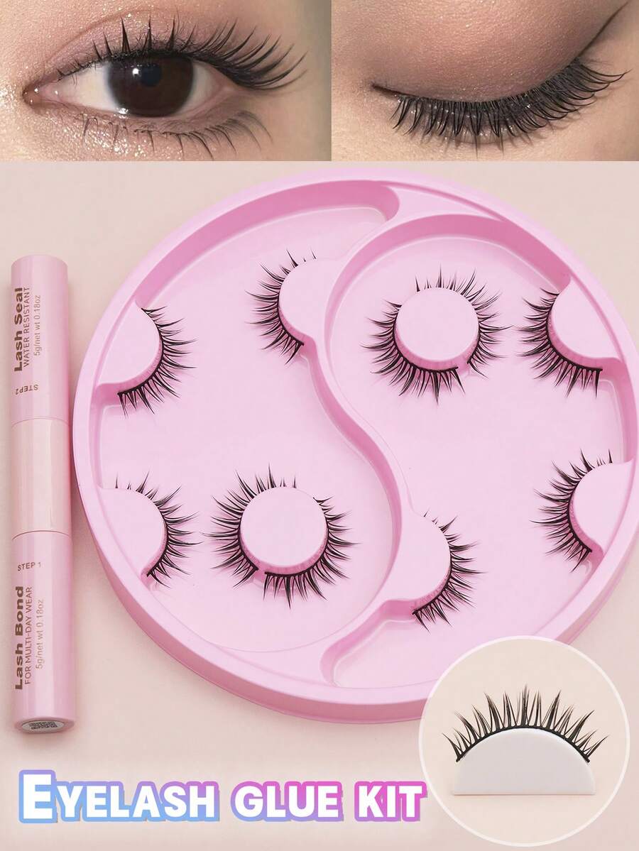 5对假睫毛及胶水套装，包含双头睫毛胶、黑色胶水、白色胶水、化妆工具、自然DIY可爱卡通假睫毛、美人鱼羽毛扇形假睫毛 - 黑色 - 查看 1
