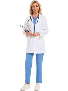 cimmuovere Chaqueta regular de manga larga con botones en el frente, bolsillos y cuello plano de unicolor para mujeres, batas de laboratorio - Blanco - Ver 10