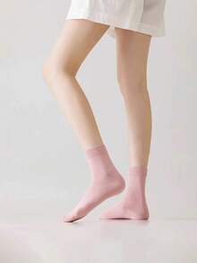 Calcetines A Media Pantorrilla Simples Y Cómodos De Moda De Color Sólido Para Mujer Para Primavera/otoño - Rosa Pálido - Ver 3