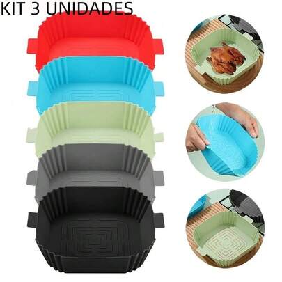 KIT 1/2/3 Formas De Silicone Quadrada Com Alça 17x17cm Para Assadeira Air Fryer E Forno Cozinha