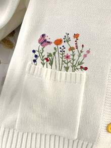 女式花卉刺绣长袖口袋前扣开衫，带叶子图案