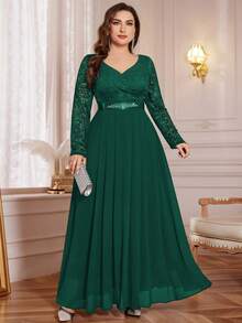 Plus V-Neck Floral Lace Contrast Chiffon Rhinestone Ribbon Waist Formal Party Long Dress, Wedding Guest Dress, For Birthday, Graduation, Homecoming - Dark Green - View 5