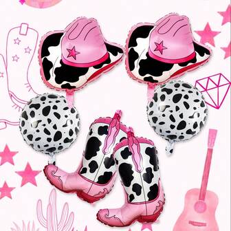 6 delar/set med westerntema-födelsedagsfestdekorationer, inkluderar rosa cowboystövlar, rosa stjärncowboyhatt, 18" runda folieballonger med mjölktextur, lämpliga för westerntema-födelsedagsfestdekorationer, flickors födelsedagar, möhippadekorationer, hängande dekorationer inomhus/utomhus