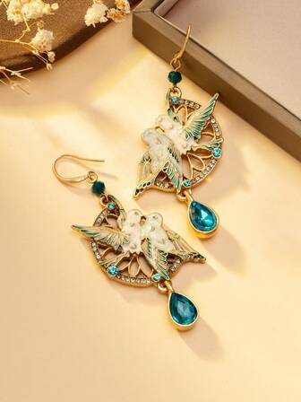 复古珐琅鸟形耳环，金色镂空蓝绿色宝石水滴吊坠耳环，复古别致欧美风鸟形耳环，精致水钻珐琅鸟形吊坠耳环，复古派对鸟形耳环