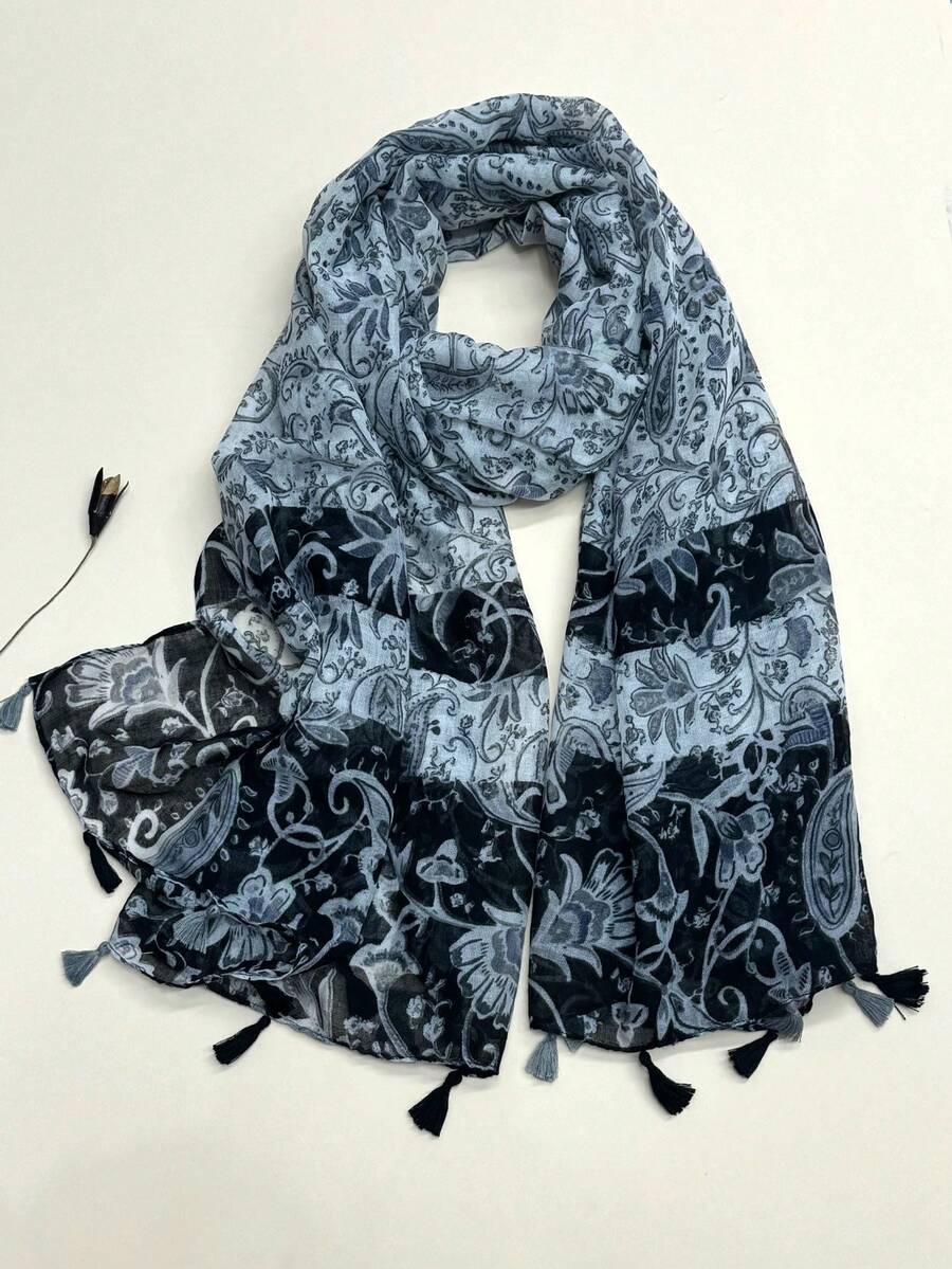 新款波西米亚印花围巾，轻盈透气流苏披肩，优雅女士防晒沙滩旅行围巾 - 灰色 - 查看 1