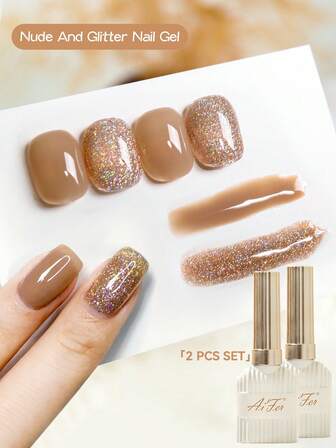 AiFer 2 Colors 15ML Glitter And Nude Nail Gel Polish Set Semi Permanent Nail Art Soaking UV LED Nail Salon DIY Nail Salon Gel For All Season