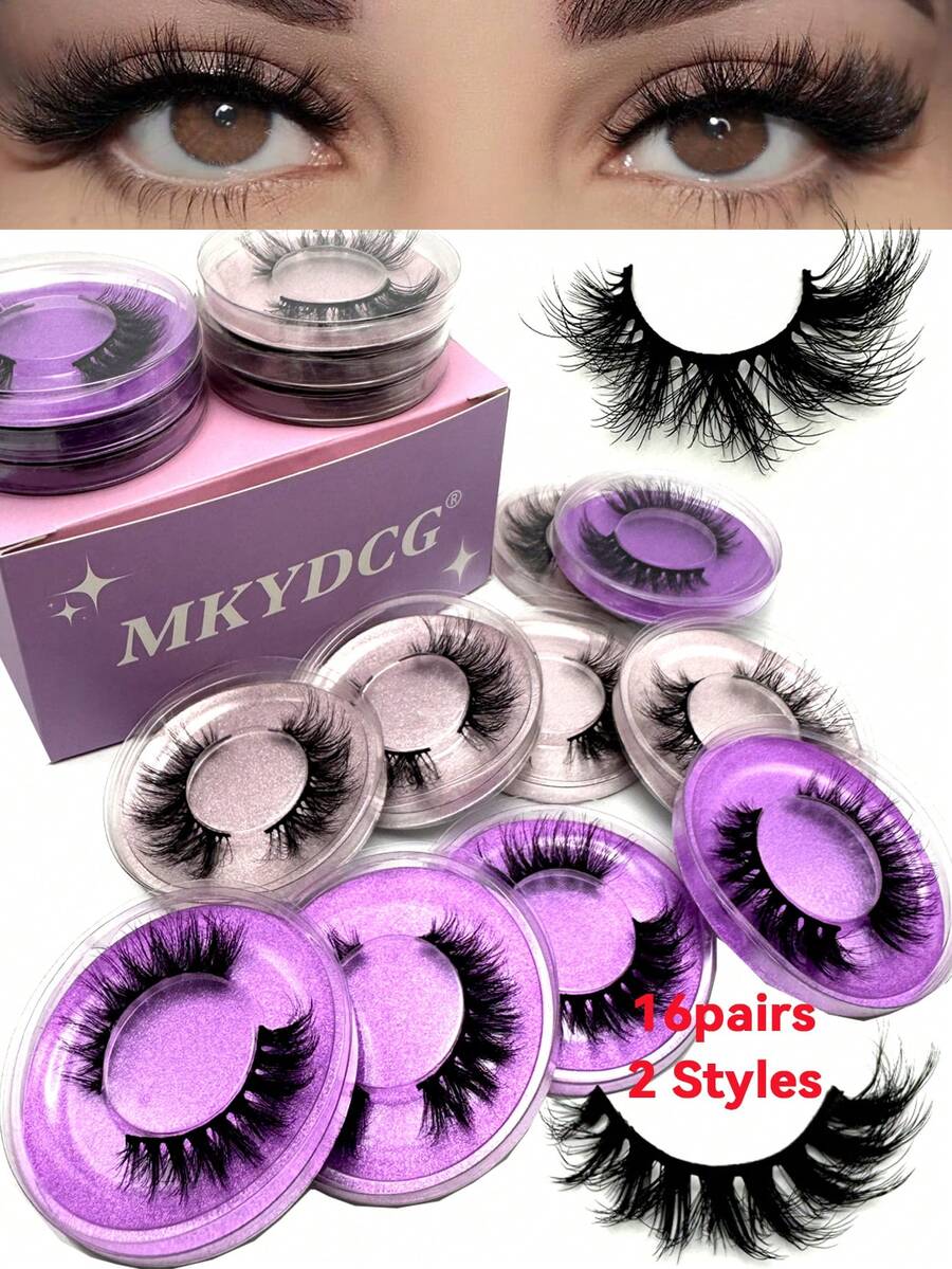 10/16/21 Pairs Fluffy&Thick 3D False Eyelashes With Glitter Paper Box,Lashes Bulk Christmas Gifts,3D Cat Eye Eyelashes Natural Soft,Protable, Makeup Manga Lashes,Dramatic Messy Mink Lashes Wispy, Individual Package Faux Mink Lashes Wholesale - 黑色 - 查看 1