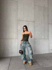 Women's Tube Top Bandeau Cropped Tube Top Strapless Basic Suplex Double Lining Without Pads - 綠色的 - 查看 4