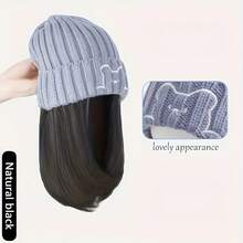 Winter Hat With Built-In Hair, Warm Synthetic Fiber Beanie Wig Combo, Slouchy Topper For Women, Cold Weather Cap For Halloween Christmas - 灰色帽子深棕色頭髮 - 查看 8