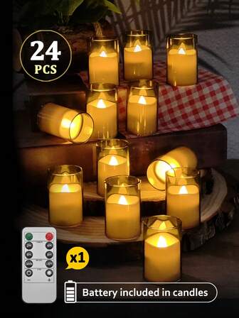 6/12/24件套无焰蜡烛灯，带定时器/遥控器，半透明玻璃灯罩LED茶蜡，电池供电无焰小蜡烛，适用于家居、婚礼、派对、万圣节、圣诞节、情人节、餐桌、节日装饰