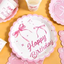 10pcs Pink Bow Floral Disposable Plate, Napkin And Cup Set, Includes Plates, Napkins And Cups, Suitable For 10 Guests, Disposable Paper Plates Party Supplies For Birthday, Wedding, Party, Family Picnic - Multicolor - View 5