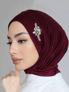 1pc Women's Convenient Button Tie Heavily Embellished Rhinestone Decorated Muslim Instant Hijab - Multicolor - View 13
