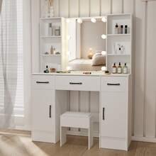 Modern Dressing Table Vanity Desk With LED Lighted Mirror, Stool, Drawers, Cabinet, Open Multi-Level Shelves, 3 Color Brightness Adjustable, Makeup Vanity Desk Set LED Mirror For Girls Bedroom - Christmas Holiday Gift, Thanksgiving Gift - White - View 5