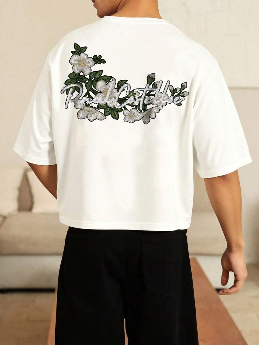 Lonblece Men's Hand-Drawn Embroidered Print Short Sleeve T-Shirt, Suitable For Everyday Wear In Spring And Summer - White - View 1